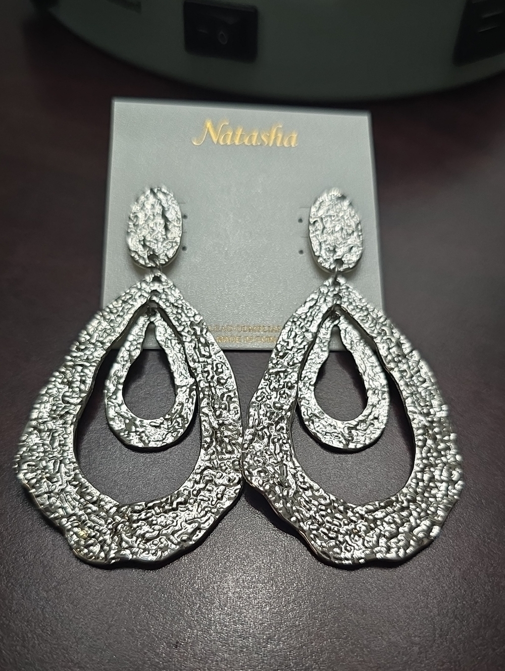Natasha Couture Silver Textured Double Teardrop Earrings